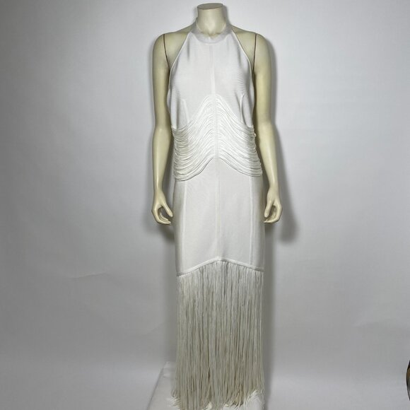 HERVE LEGER White Knit Draped Fringe 'Natalie' Gown - Picture 2 of 11